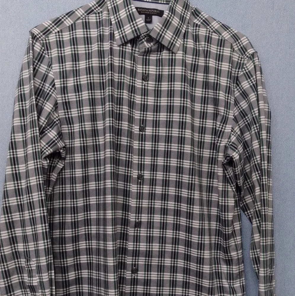 Banana Republic Non-Iron Slim Fit‎ Plaid Button Down Shirt Green Gray White Sz S